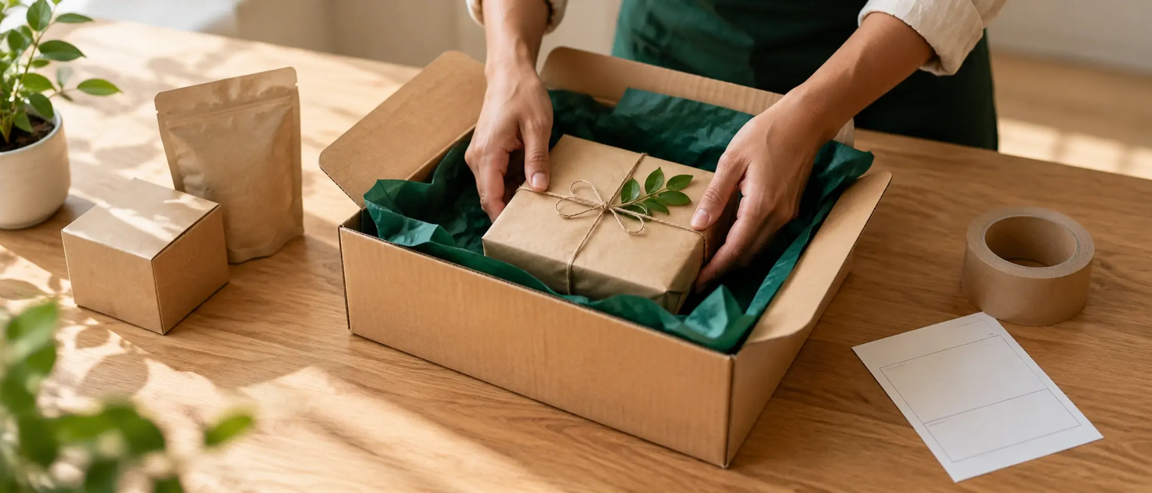 Hands packing a product into a shipping box